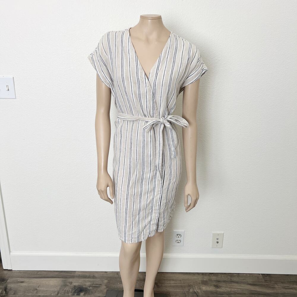 [Pure Navy] Tan White Striped Linen Belted V-Neck Wrap Mini Dress Size Large L